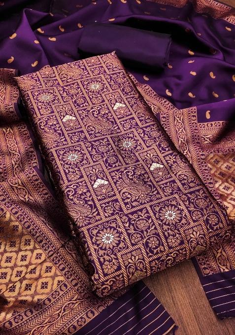 Wine Embroidered Silk Dress Material