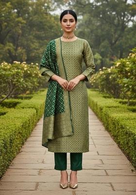 Olive Embroidered Silk Dress Material