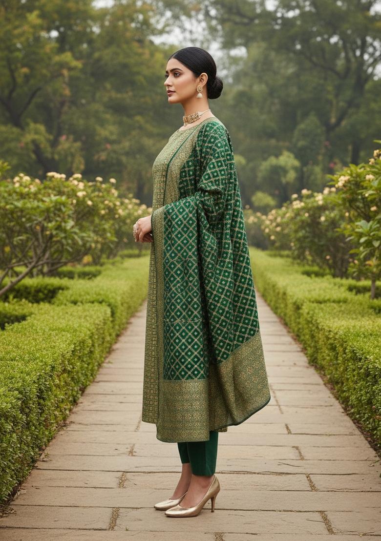 Olive Embroidered Silk Dress Material - Indya