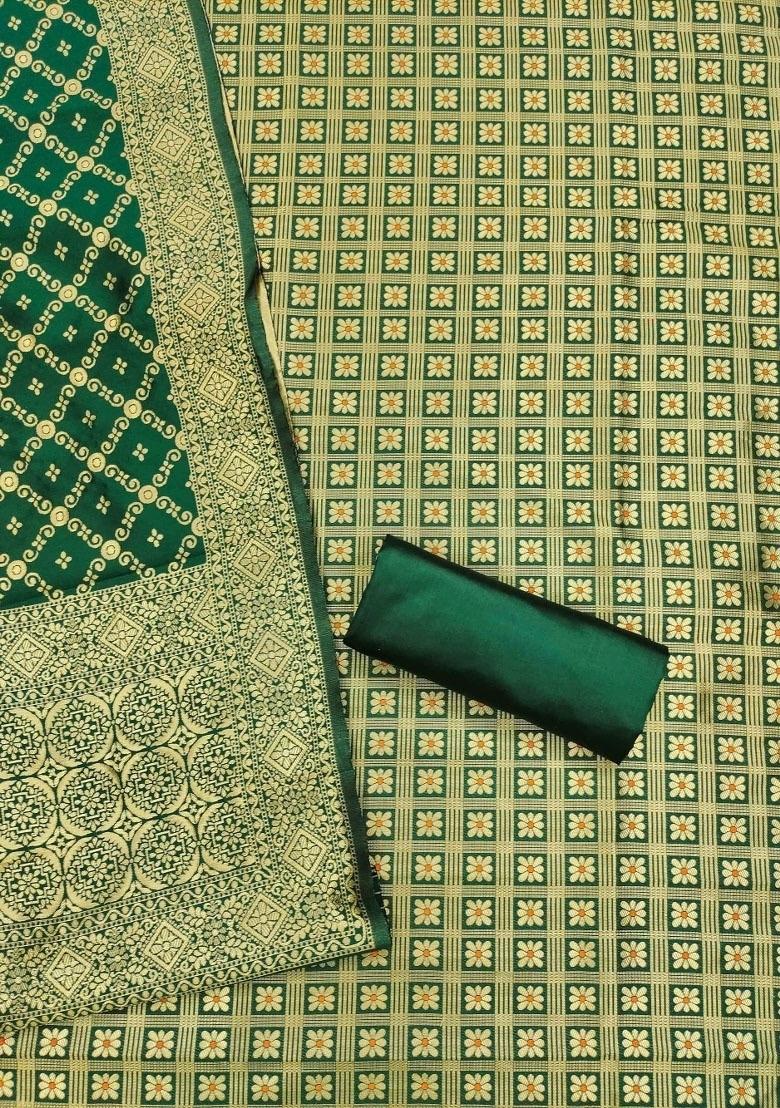 Olive Embroidered Silk Dress Material - Indya