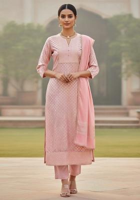 Baby Pink Embroidered Jacquard Dress Material