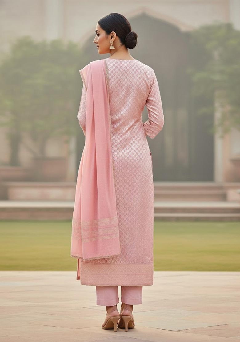 Baby Pink Embroidered Jacquard Dress Material - Indya