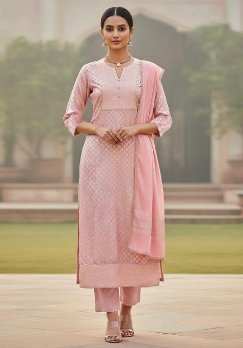 Baby Pink Embroidered Jacquard Dress Material