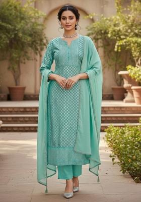 Sea Green Embroidered Jacquard Dress Material