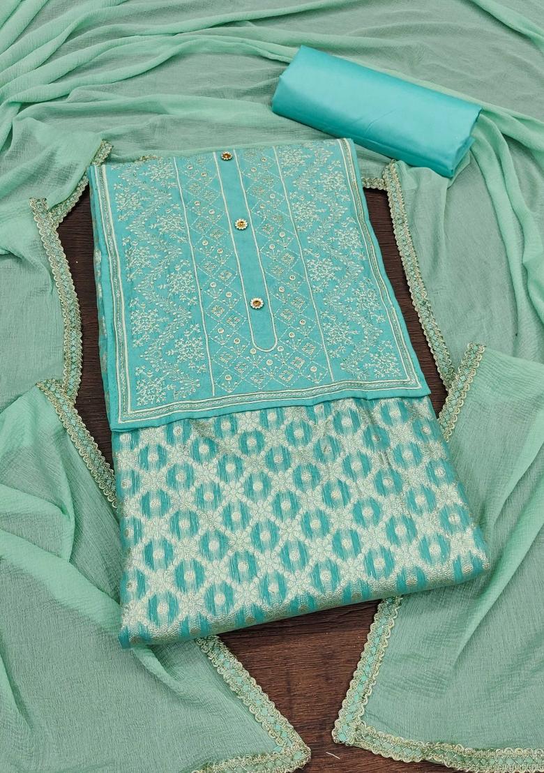 Sea Green Embroidered Jacquard Dress Material