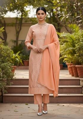 Peach Embroidered Jacquard Dress Material