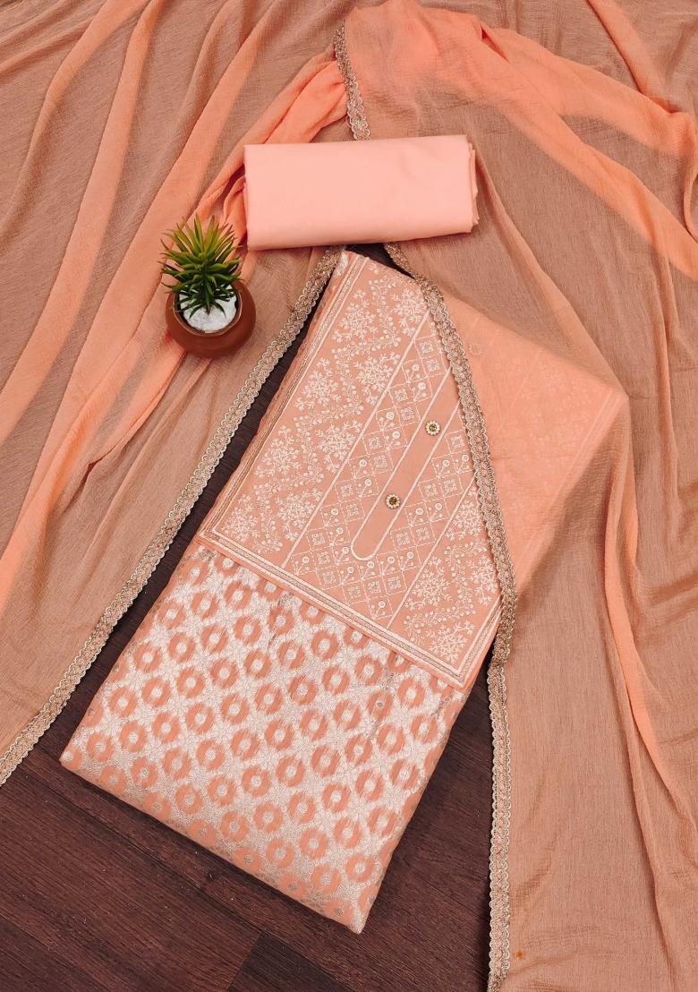 Peach Embroidered Jacquard Dress Material
