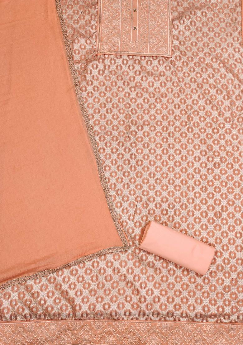 Peach Embroidered Jacquard Dress Material