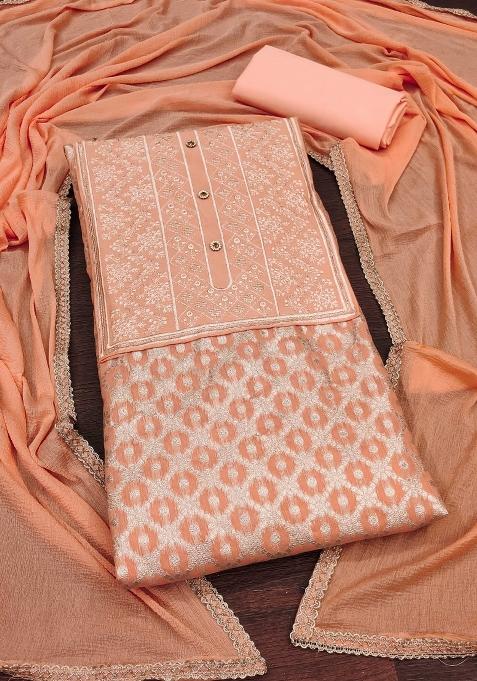 Peach Embroidered Jacquard Dress Material