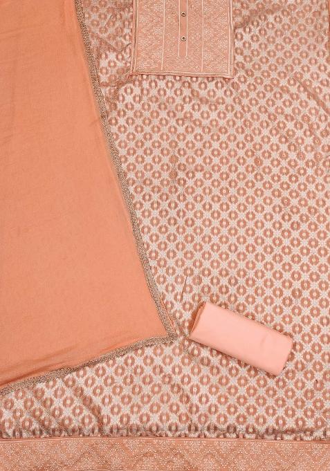 Peach Embroidered Jacquard Dress Material