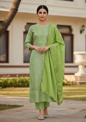 Pista Green Embroidered Jacquard Dress Material