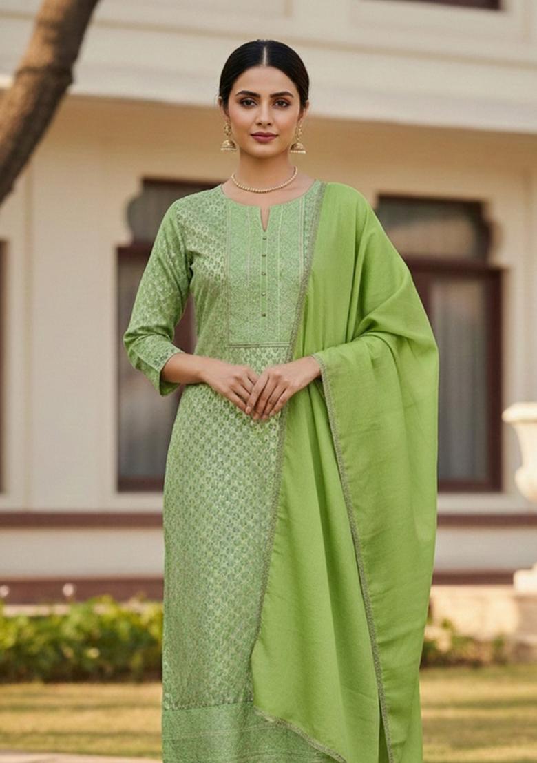 Pista Green Embroidered Jacquard Dress Material - Indya