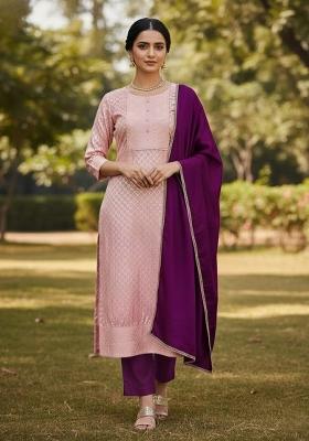 Baby Pink Embroidered Jacquard Dress Material
