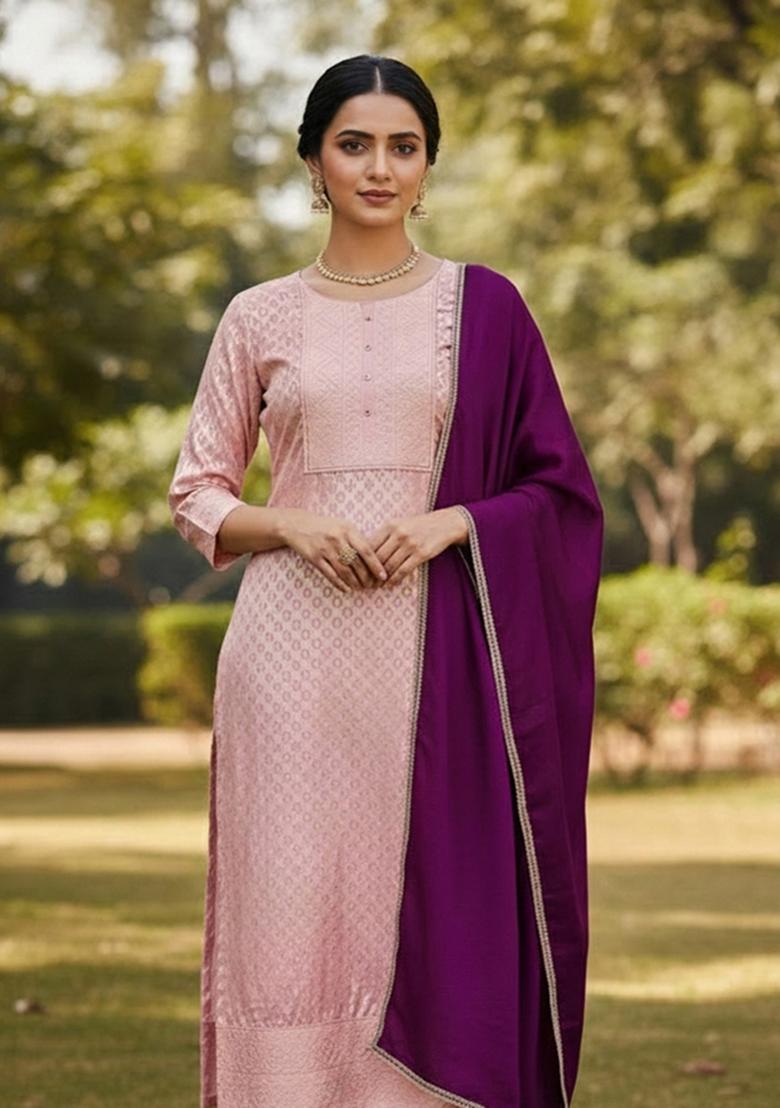 Baby Pink Embroidered Jacquard Dress Material - Indya