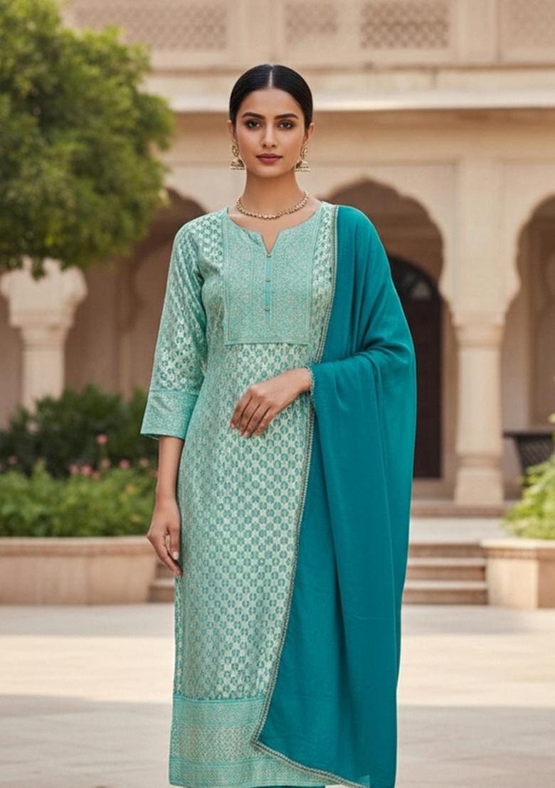 Sea Green Embroidered Jacquard Dress Material - Indya