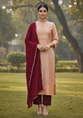 Peach Embroidered Jacquard Dress Material