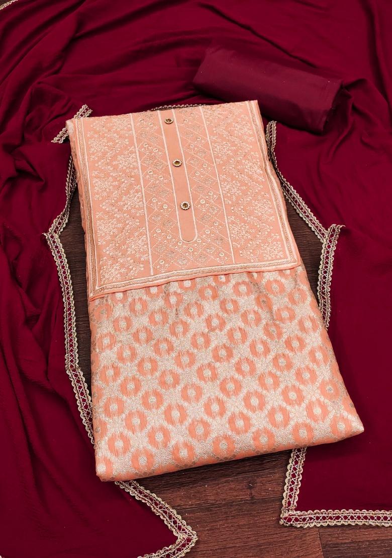 Peach Embroidered Jacquard Dress Material