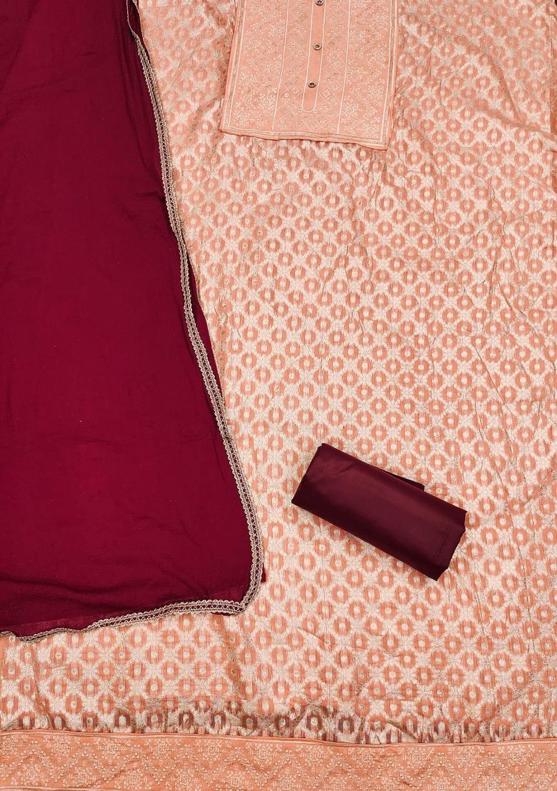 Peach Embroidered Jacquard Dress Material