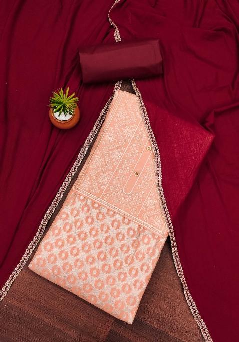 Peach Embroidered Jacquard Dress Material