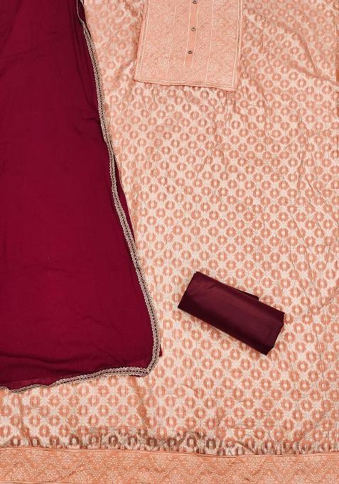 Peach Embroidered Jacquard Dress Material