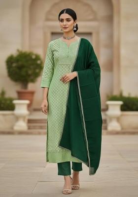 Pista Green Embroidered Jacquard Dress Material