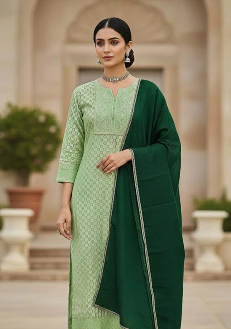 Pista Green Embroidered Jacquard Dress Material - Indya