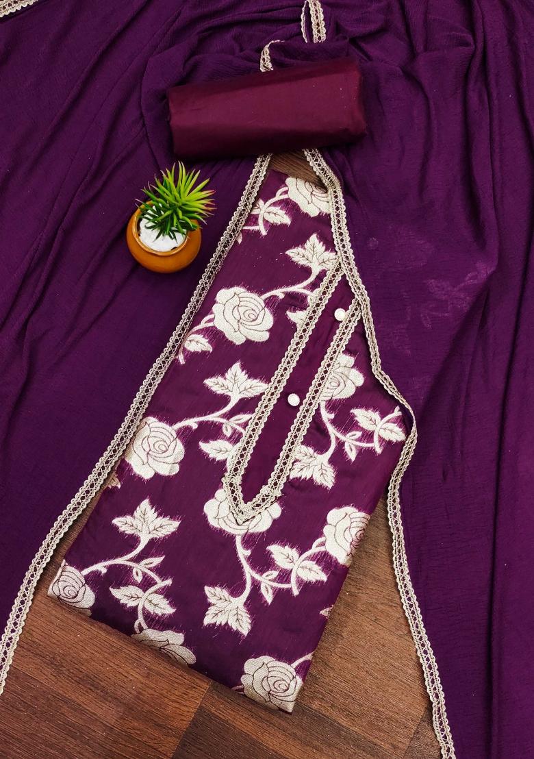 Burgundy Embroidered Jacquard Dress Material