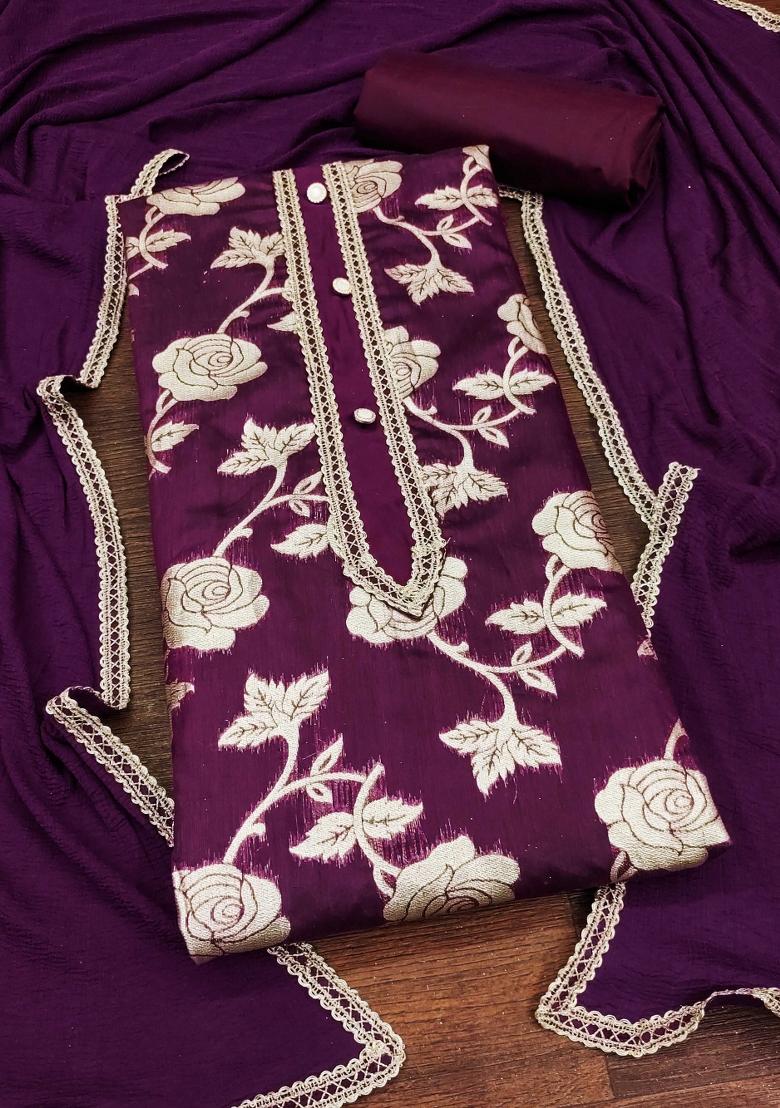 Burgundy Embroidered Jacquard Dress Material