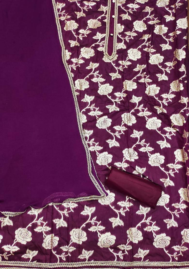 Burgundy Embroidered Jacquard Dress Material