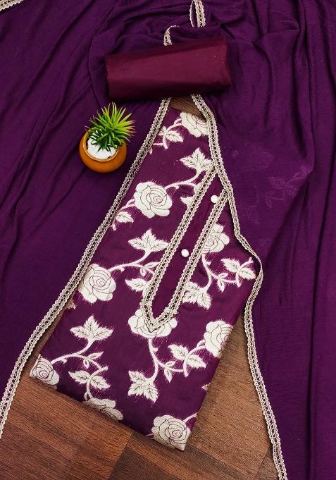 Burgundy Embroidered Jacquard Dress Material