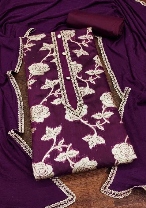 Burgundy Embroidered Jacquard Dress Material