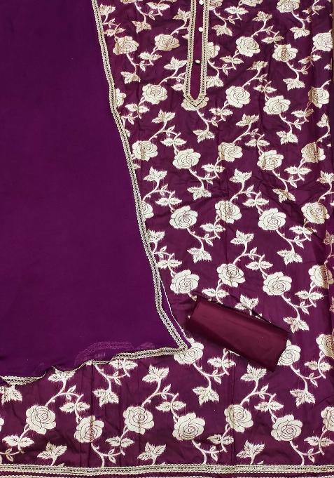 Burgundy Embroidered Jacquard Dress Material