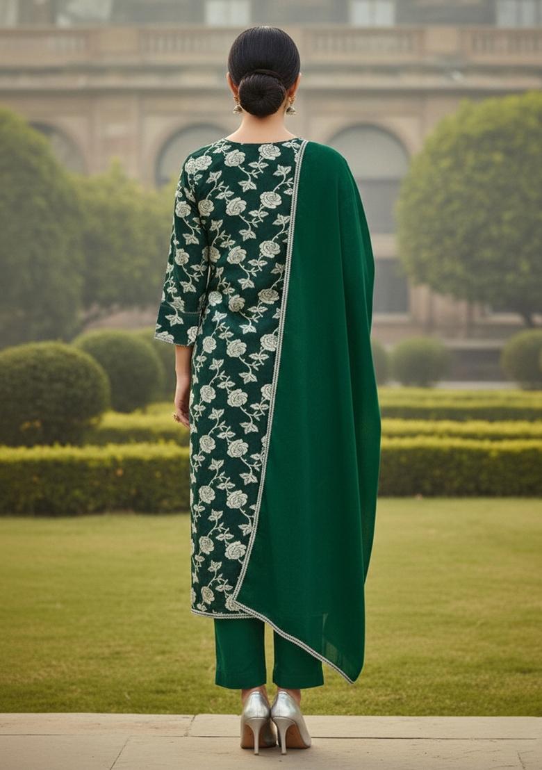 Green Embroidered Jacquard Dress Material - Indya