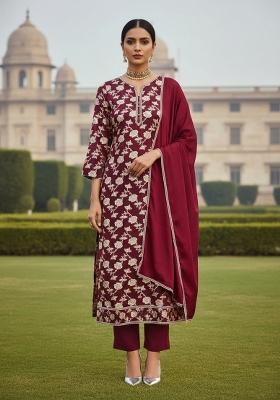 Maroon Embroidered Jacquard Dress Material