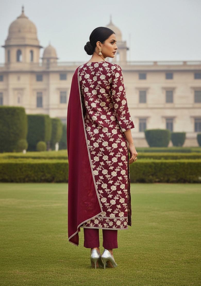 Maroon Embroidered Jacquard Dress Material - Indya