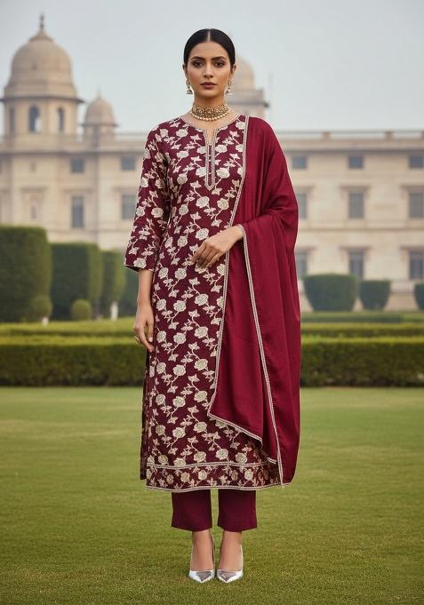 Maroon Embroidered Jacquard Dress Material