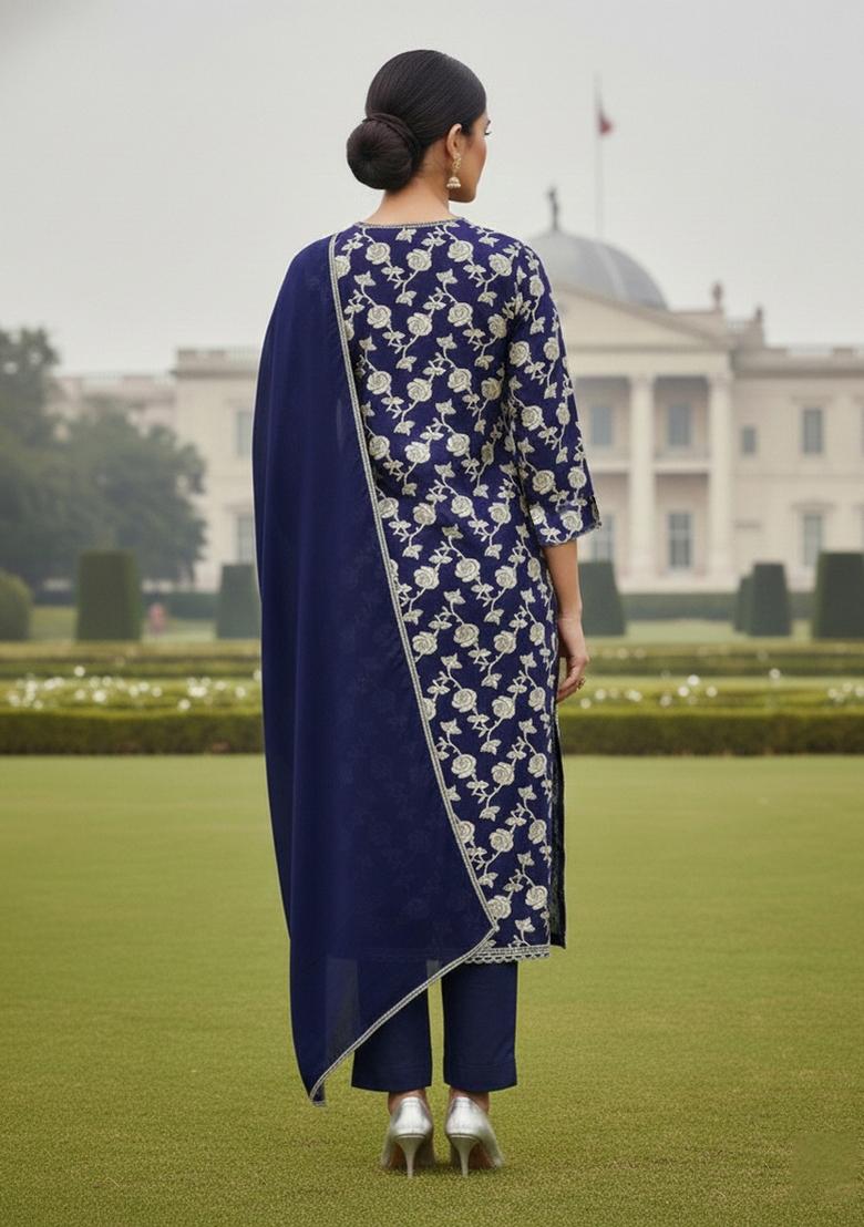 Navy Blue Embroidered Jacquard Dress Material - Indya