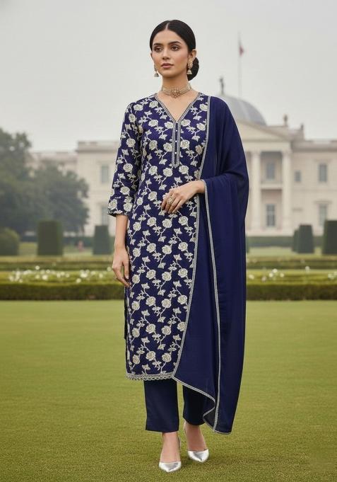 Navy Blue Embroidered Jacquard Dress Material