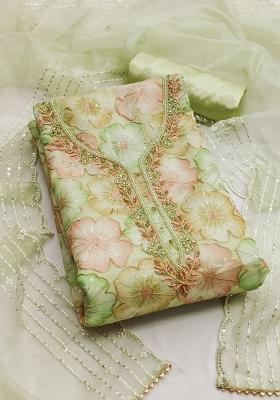 Pista Green Embroidered Oragnza Dress Material