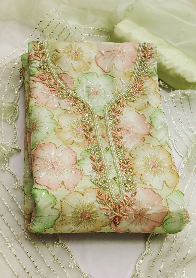 Pista Green Embroidered Organza Straight Kurta Set - Indya