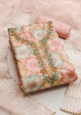 Pink Embroidered Oragnza Dress Material