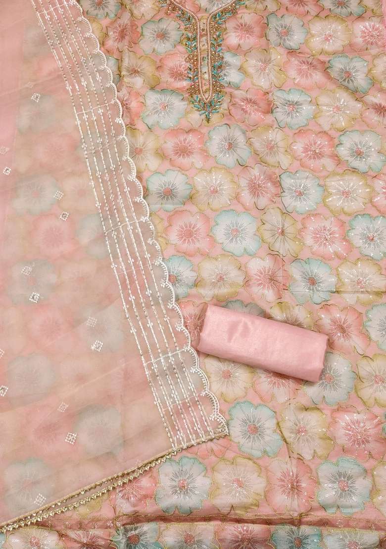Pink Embroidered Organza Straight Kurta Set - Indya