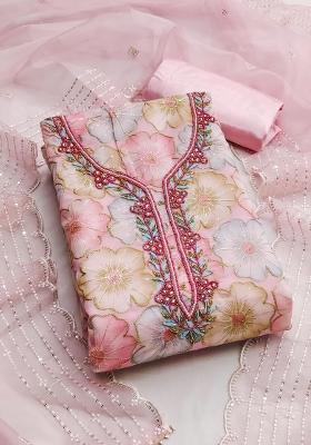 Baby Pink Embroidered Oragnza Dress Material
