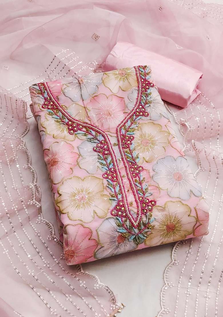 Baby Pink Embroidered Organza Straight Kurta Set - Indya