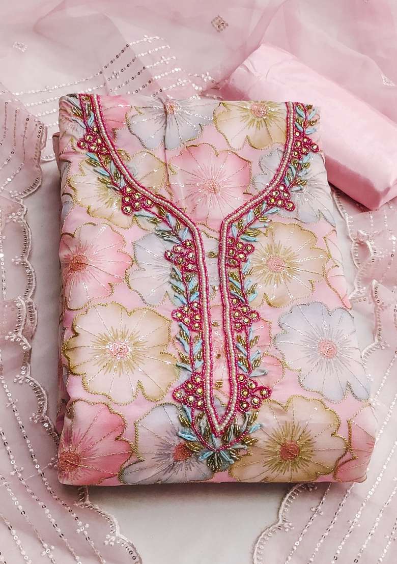 Baby Pink Embroidered Organza Straight Kurta Set - Indya