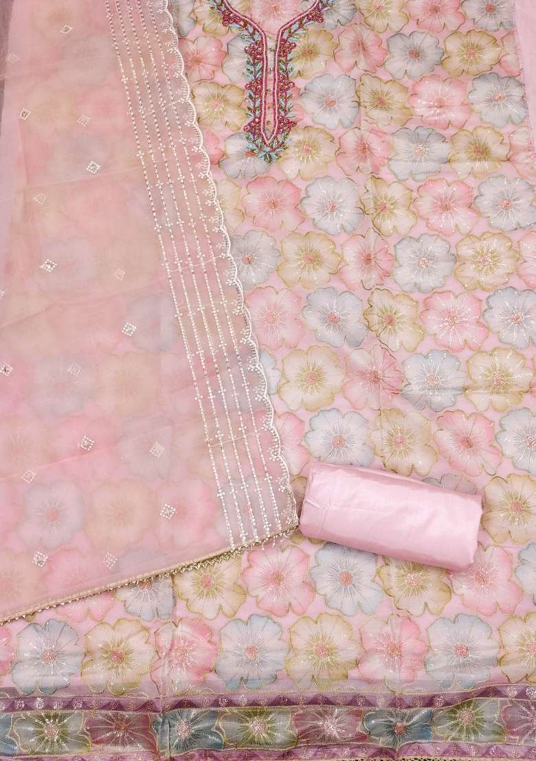Baby Pink Embroidered Organza Straight Kurta Set - Indya