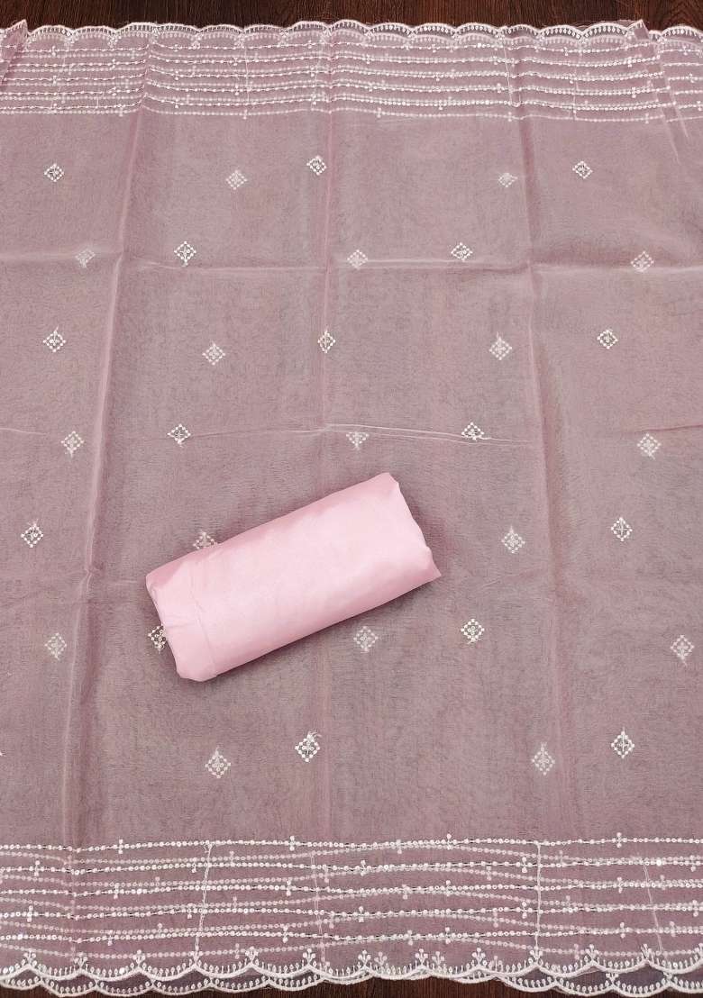 Baby Pink Embroidered Organza Straight Kurta Set - Indya