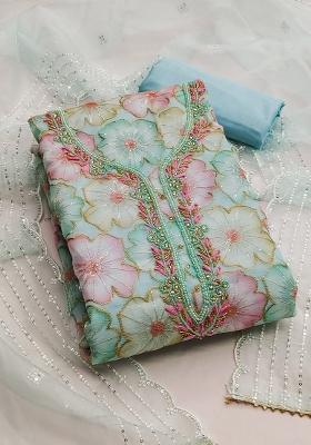 Sky Blue Embroidered Oragnza Dress Material