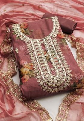 Purple Embroidered Oragnza Dress Material