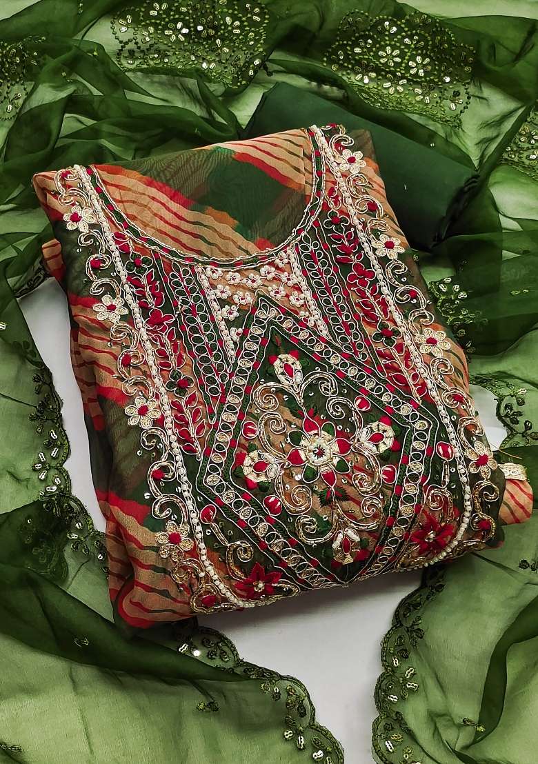 Mehandi Green Embroidered Oragnza Dress Material - Indya